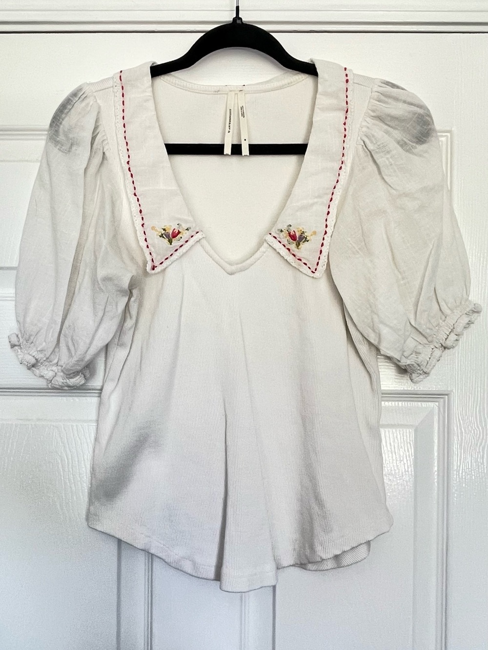Anthropologie White V-Neck Puff Sleeve Top with Embroidered Collar